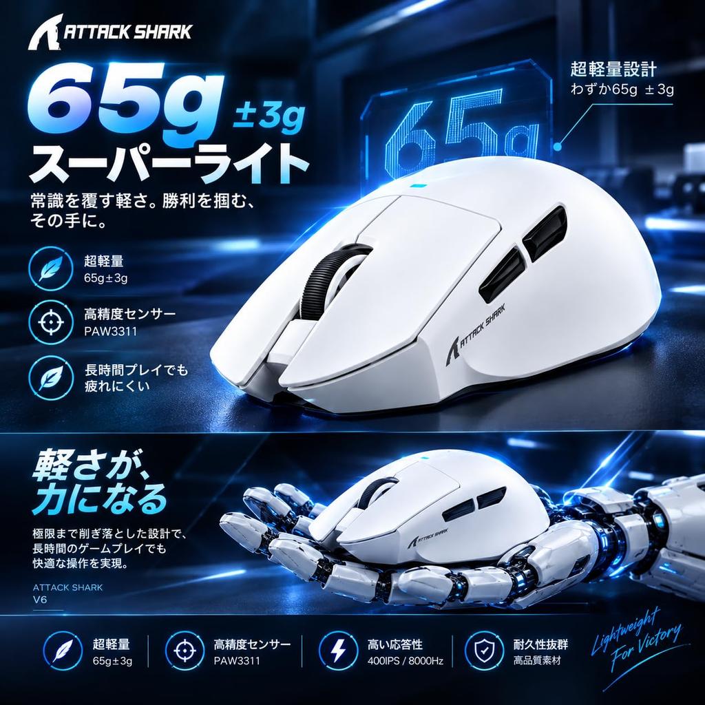ATTACK SHARK MAMBASNAKE V6 White Wireless Ergonomic Gaming Mouse, 65g, RGB Magnetic Charging Dock, Thumb Rest