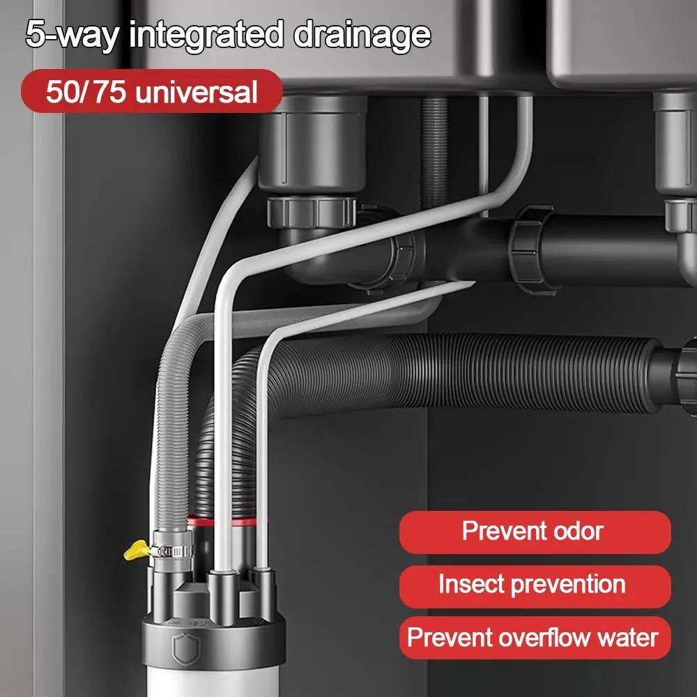 Anti Odor Sink Drain Pipe Adapter 5 In 1 Multifunctional Kitchen Basin Sewer Branch Sealing Ring Drainage Water Pipe Joint