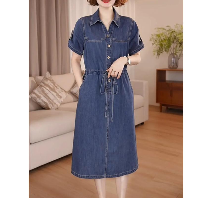 Denim-Kleid für Damen Sommer Damen Einreiher Kurzarm Schlank Temperament Lässige Kleider mit Taschen