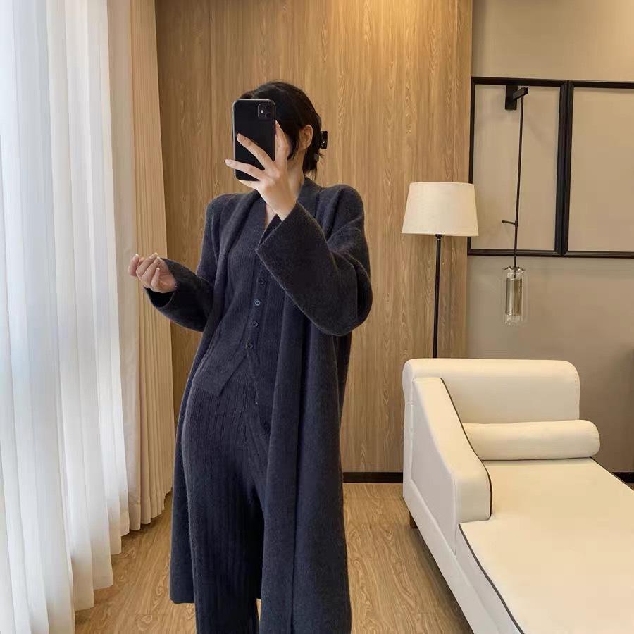 Women's Korean Style Knit Cardigan Set: Casual Loose Vest & Wide-Leg Pants Three-Piece for Autumn/Winter.