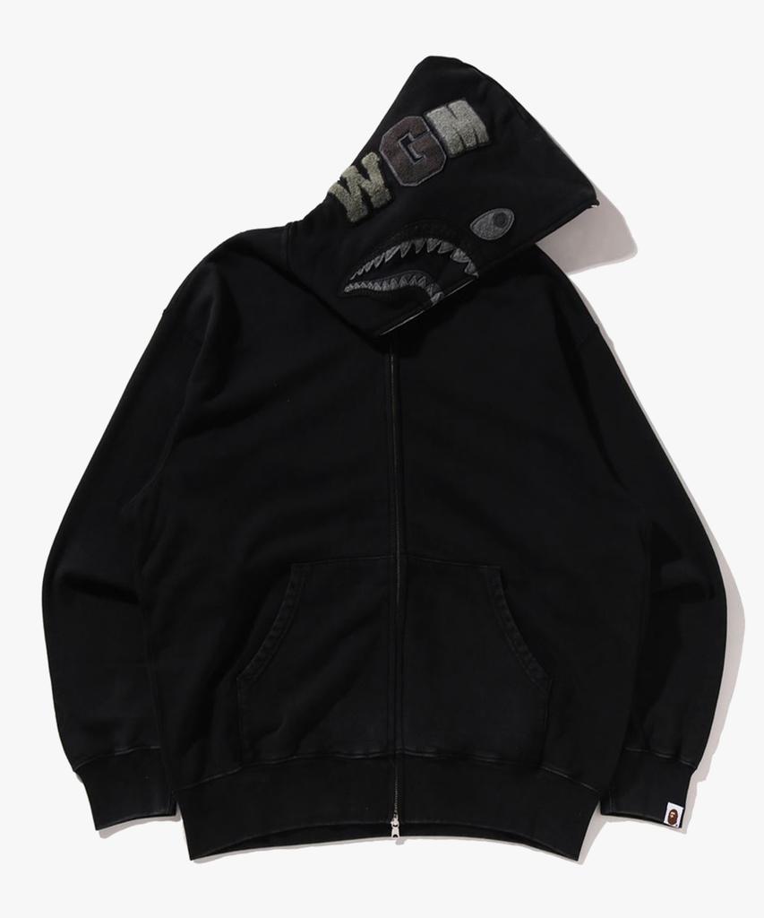 Bape Garment Dye Shark Relaxed Fit Full Zip Hoodie (M) Black