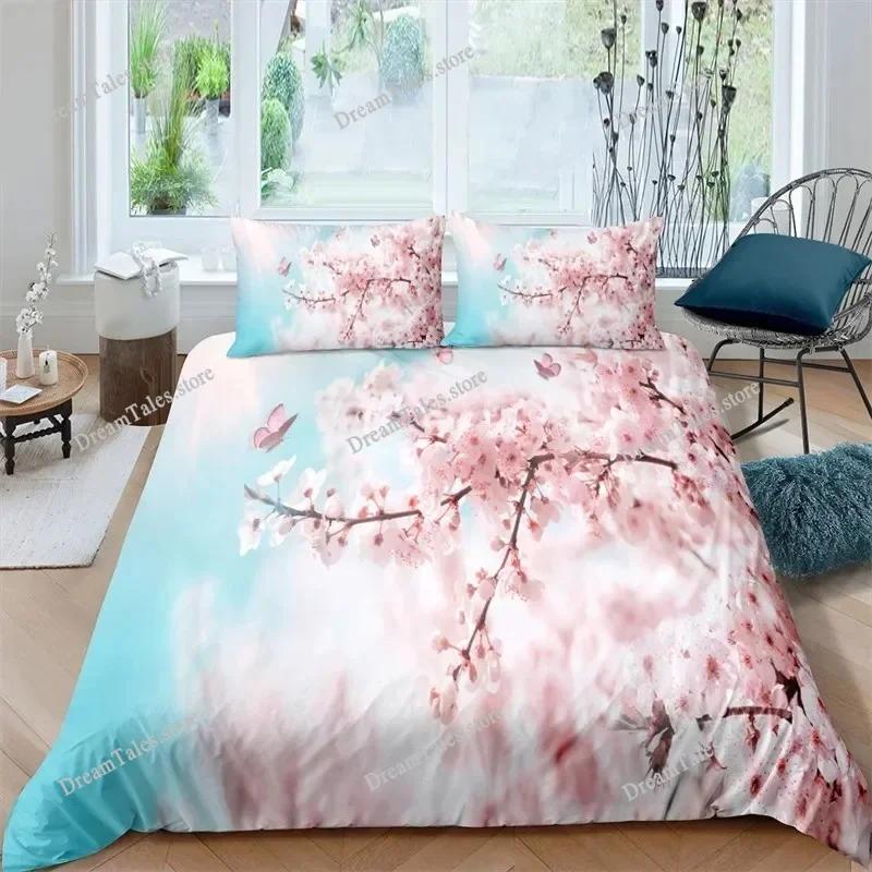 Duvet Cover Set Plum Blossom King Pink Flower Quilt Cover for Girls Microfiber Branches Printed Japanese Ink Style Bedding Set
