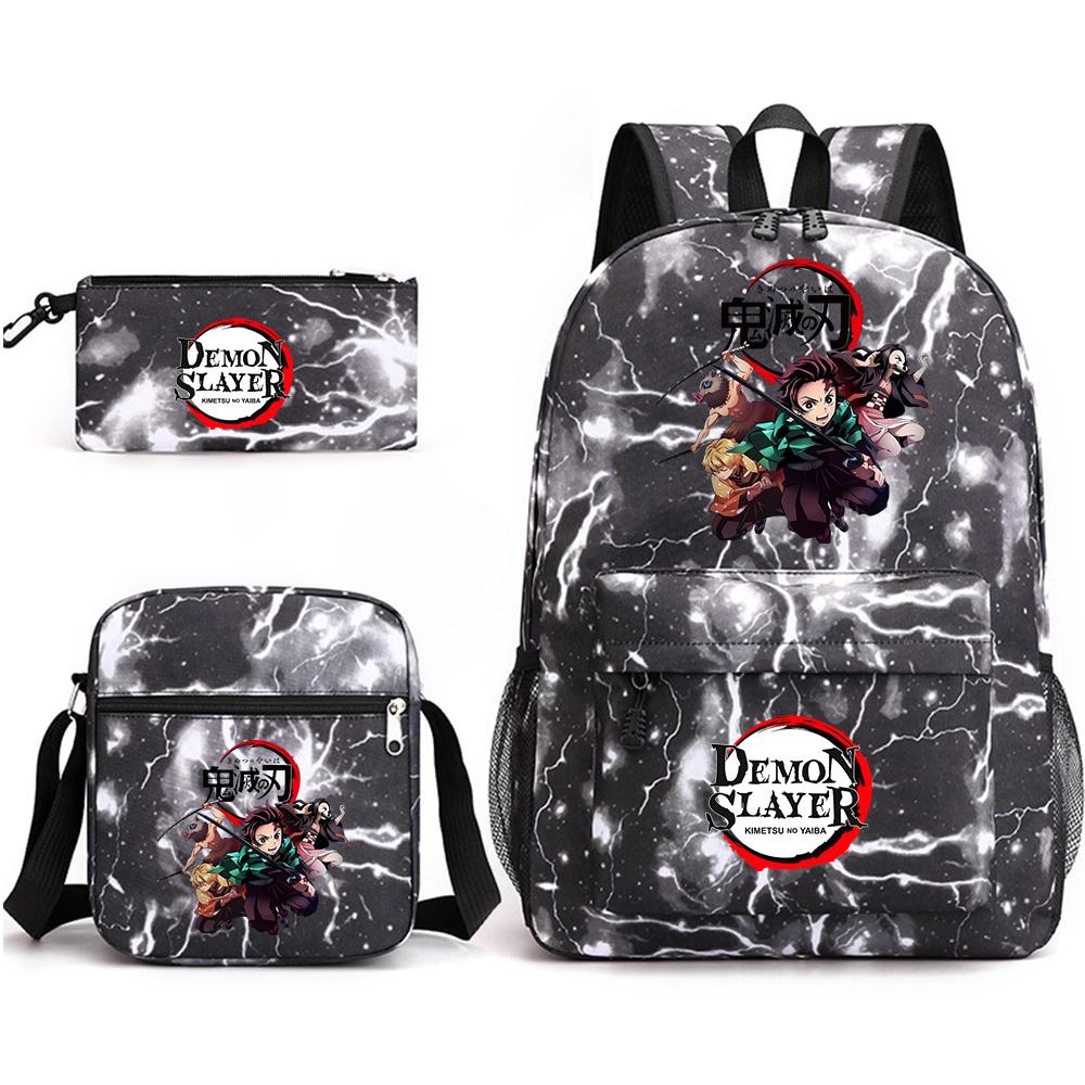 3 Stück/Set Anime Cartoon Demon Slayer Aufdruck Große Kapazität Buchtasche Rucksack mit Umhängetasche Federmäppchen für Schüler Junge Mädchen Schultasche