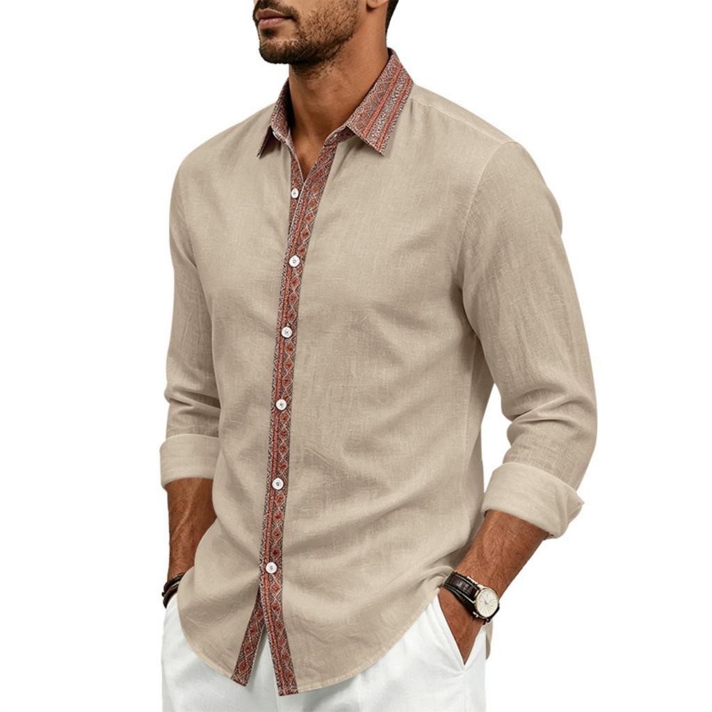 Camicia da uomo a maniche lunghe in lino con abbottonatura e colletto