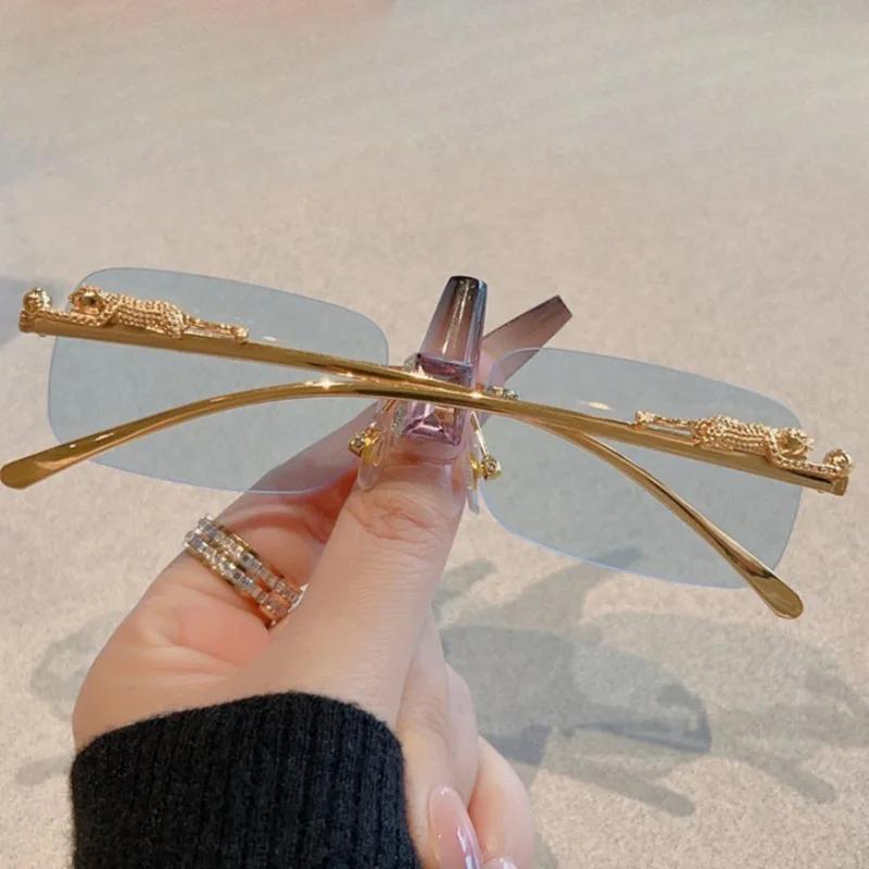 Korean Retro Square Rimless Sunglasses Seaside Cheetah Decoration Frameless Gradient Lens Eyeglasse Outdoor UV Protective Shades