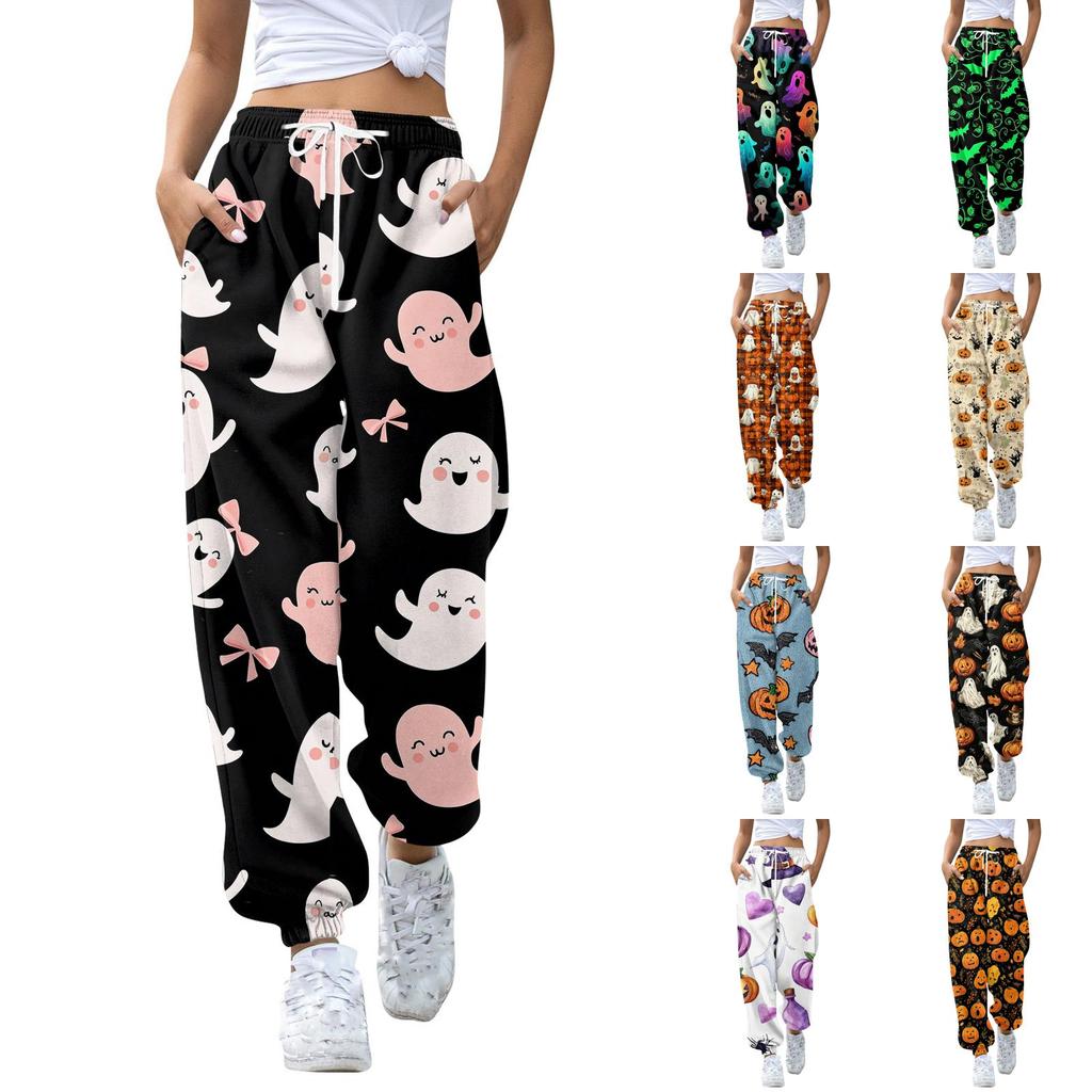 Women's Halloween Print Casual Jogger Pants with Drawstring Elastic Waist and Cuffed Hem