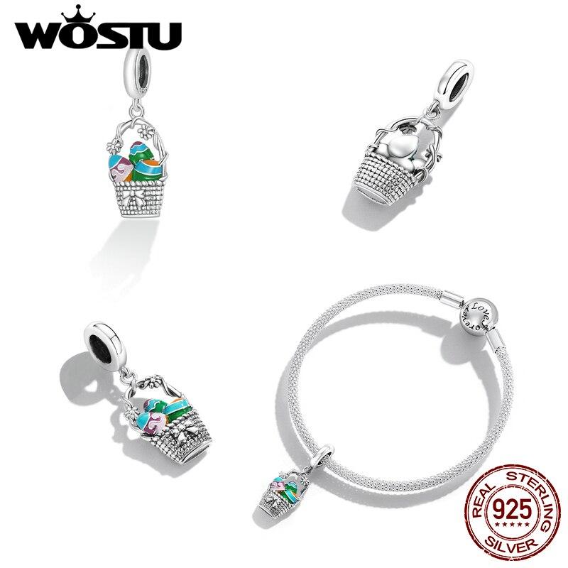WOSTU 925 Sterling Silver Easter Egg Basket Flowers Charm Bead Pendant Fit Original Bracelet Necklace For Women Jewelry