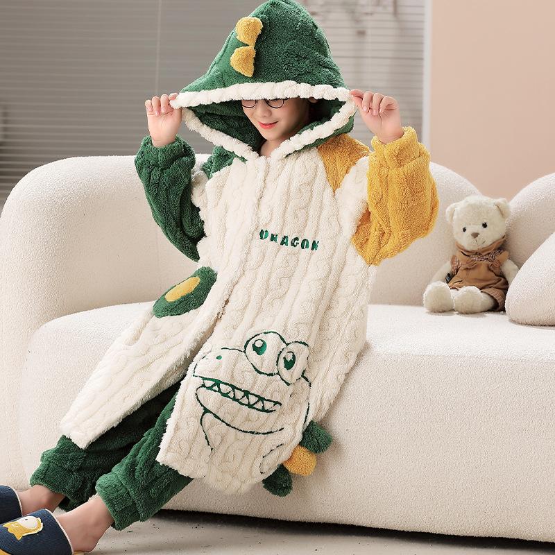 Kids Flannel Pajamas Set Boys Girls Warm Long Sleeve Top And Pants Sleepwear Winter Home Nightwear