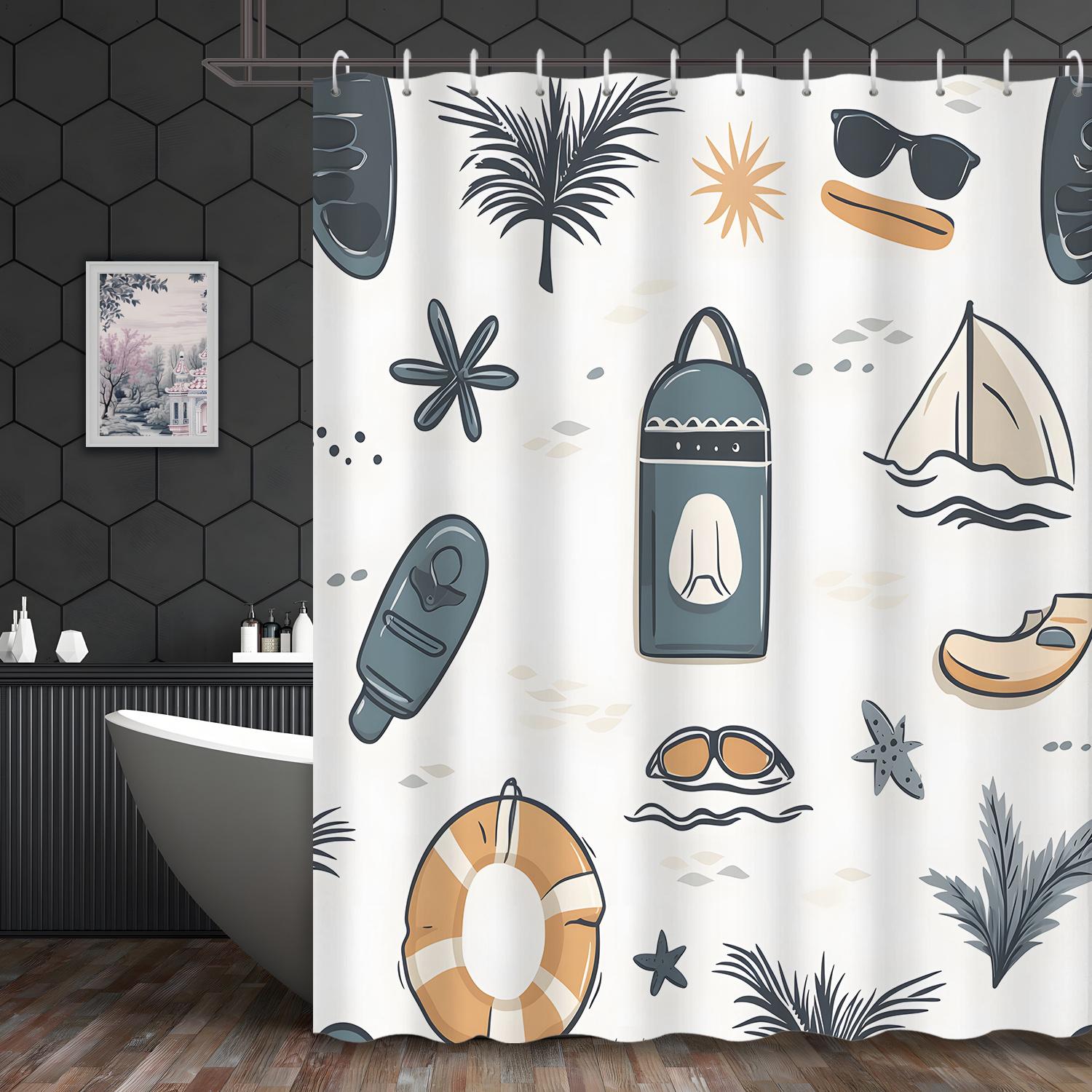 

Watercolor Cartoon Holiday Shower Curtain - Swimming Ring & Sunglasses Design, Decorative Bathroom Partition Curtain W60H190(CM)-1 Pcs