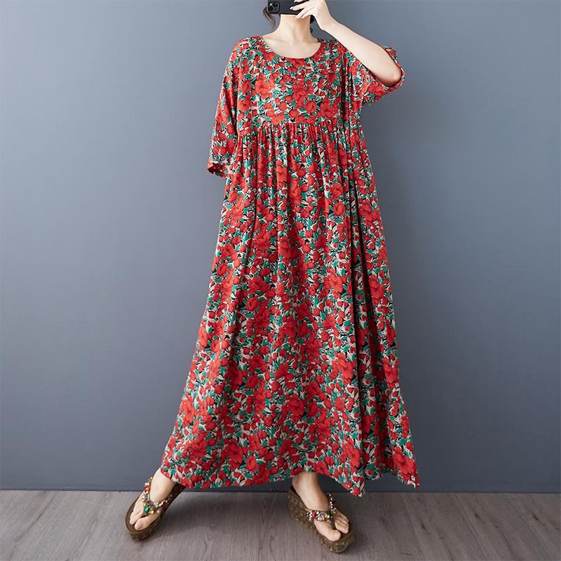 Kurzarm Plus Size Baumwolle Vintage Blumenmuster Neu in Kleidern für Damen lässig locker langes Sommerkleid