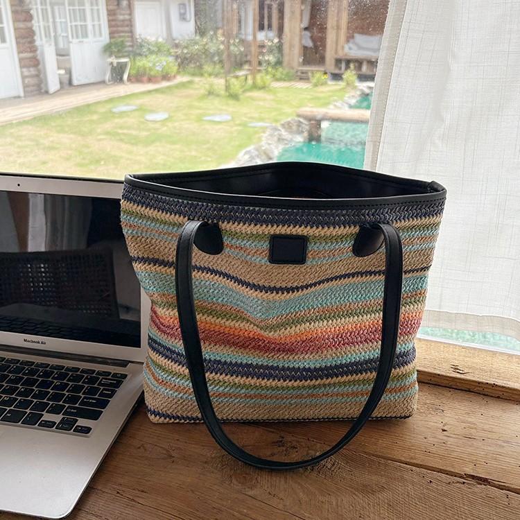 Summer Color Large Capacity Commuter Woven Bag Vacation Beach Bag Ladies Tote Bag Versatile Rainbow Shoulder Bag