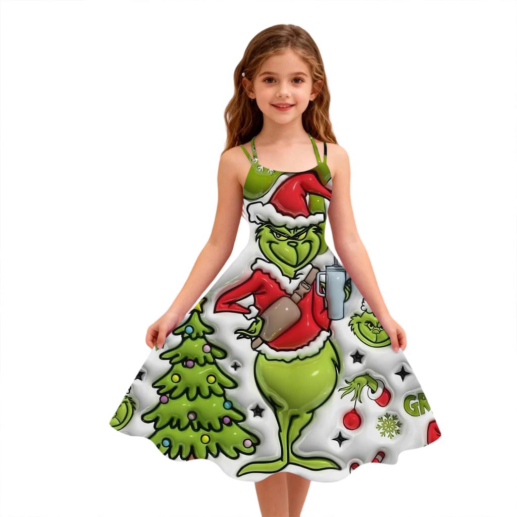 Children's Fashion Casual Christmas Print Off-Shoulder Punk Vintage Dress