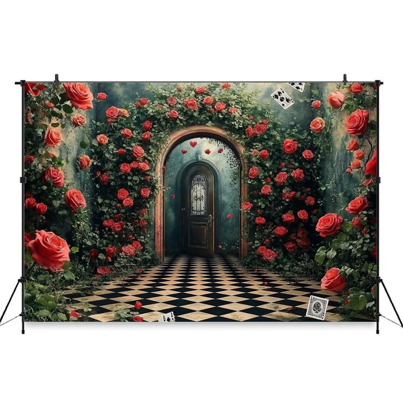 Mocsicka Spring Backdrop Easter Red Rose Flower Green Wall Card Door Black White Grid Floor Wedding Decorations Party Ba396