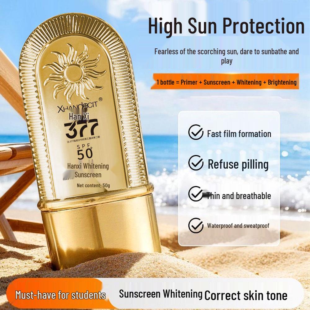 377 SPF 50+++ Whitening Sunscreen: Waterproof, Sweatproof, Refreshing, Non-Greasy, Concealing Bare Face Lotion.