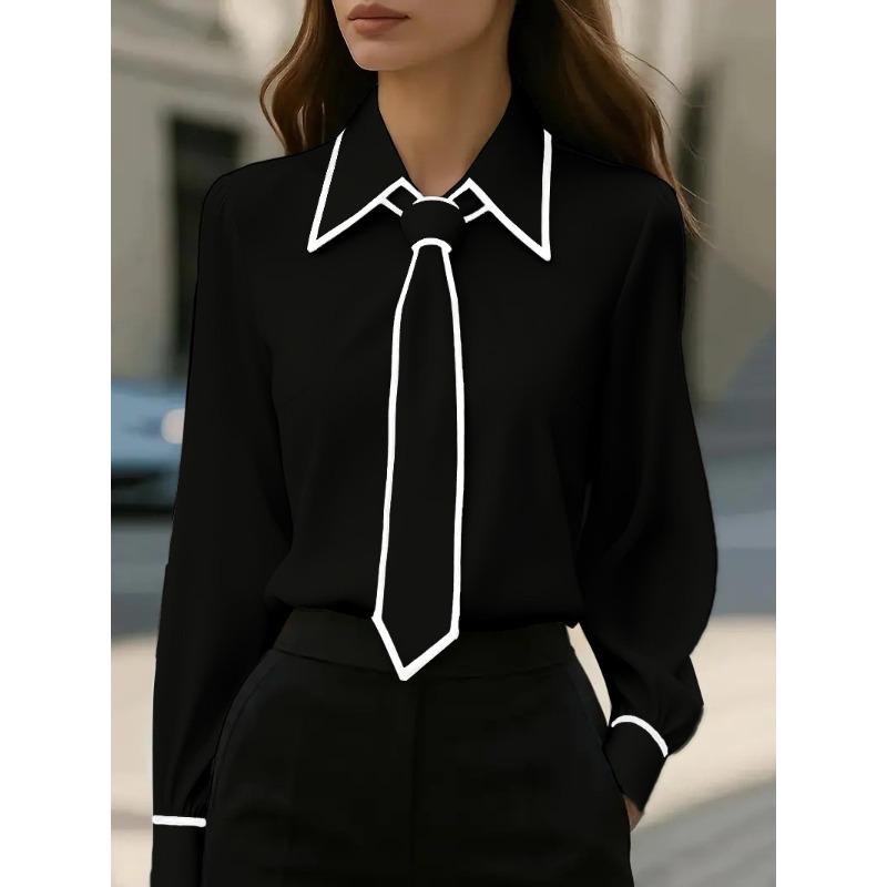 HNXC Women's Fashion Casual Solid Color Print Long Sleeve POLO Neck Blouses & Shirts