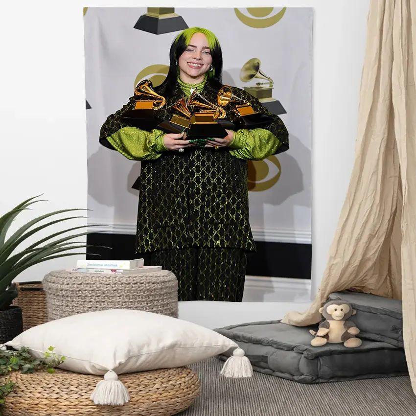 Billie Eilish Yellow Outfit Green Chair Wall Tapestry Pop Music Singer Home Decor Bold Art Soft Durable Cozy Aesthetic