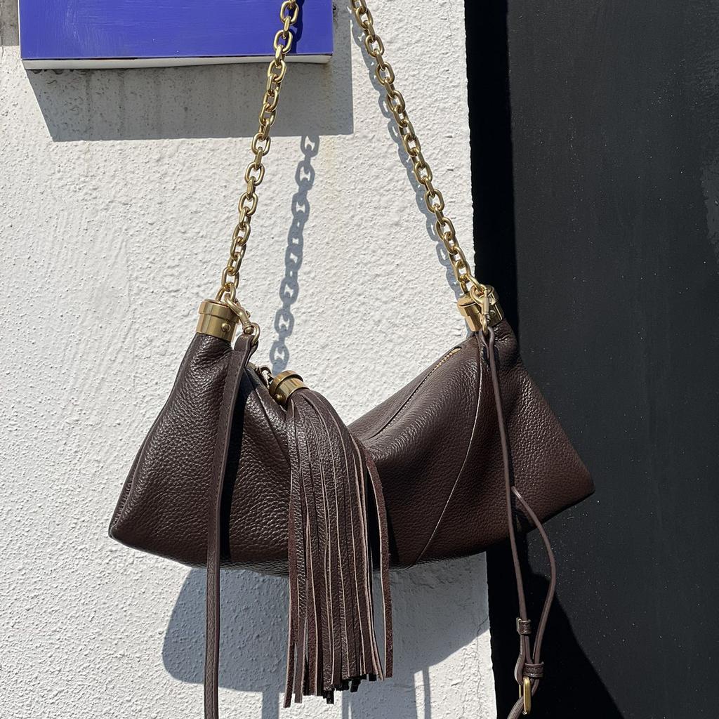 Genuine Leather Shoulder Bag Niche Design Tassel Chain Underarm Bag Women's Bag Crossbody Bag Fashion Soft Top-Grain Cowhide