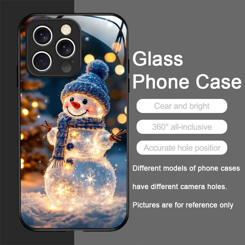 Winter Christmas Snowman Pattern Tempered Glass Phone Case for IPhone 16 Pro Max 16e 15 14 13 12 Mini 11 X XS 7 8 14 Plus Cover