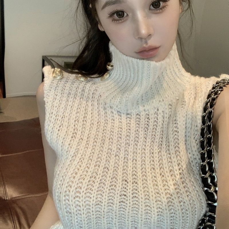 

Женский новый универсальный трикотажный топ с воротником-стойкой, осенний, цвета слоновой кости, с французским темпераментом, пуловер без рукавов, свитер с подкладкой XL