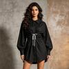 2026 Womens Stylish Turn-Down Collar Long Sleeve Shirt Dress With Rhinestone Embellishment Ruched Detail