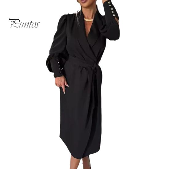 

Женское вечернее платье в деловом стиле с отложным воротником, длинным рукавом, однотонное, облегающее, со шнуровкой и перекрестными бретелями, весеннее платье-миди, OL, летнее платье для поездок на работу L чёрный