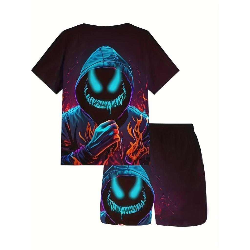 The 2025 summer new children's set features a casual 3D pattern printed polyester fiber, which is breathable and lightweight