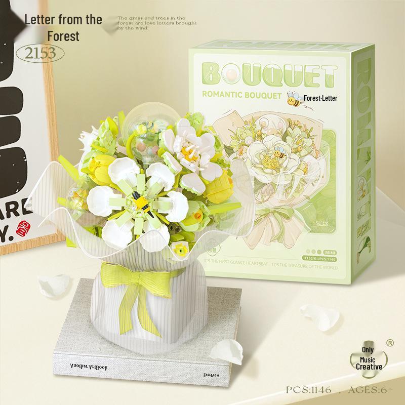 Compatible Lego Small Rose Building Block Bouquet with Vase - Creative Flower Branch Assembly Toy Gift