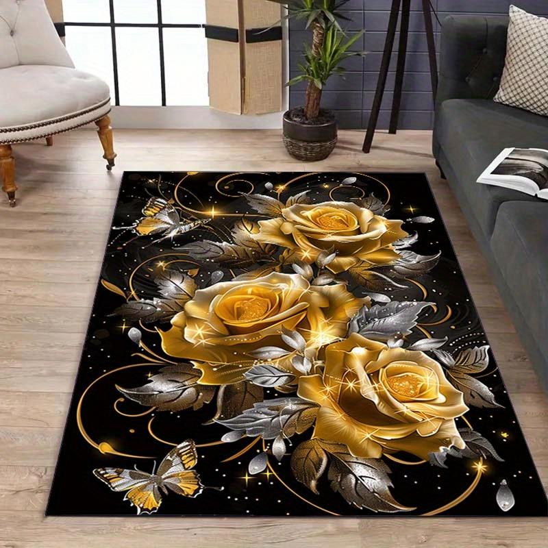 Alfombra de Franela con Estampado de Rosas Doradas y Mariposas Interior Exterior Alfombra Suave para Sala de Estar Jardín Decoración Elegante Diseño Artístico