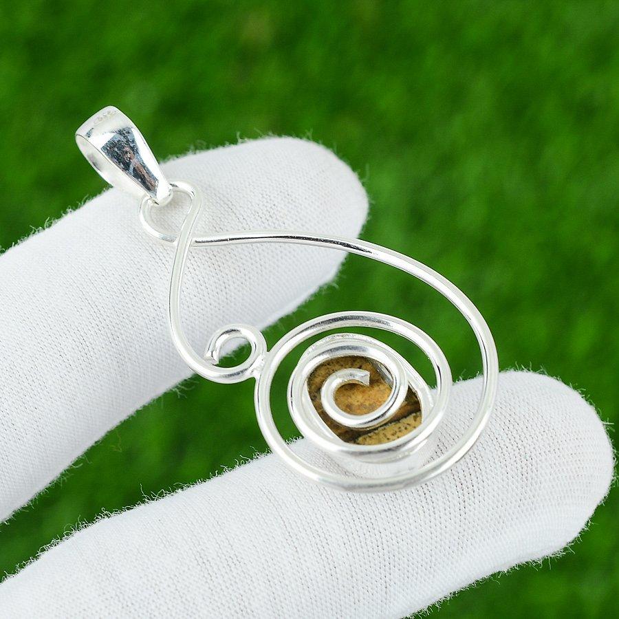 Natural Picture Jasper Gemstone Pendant Yellow 925 Sterling Silver Jewelry