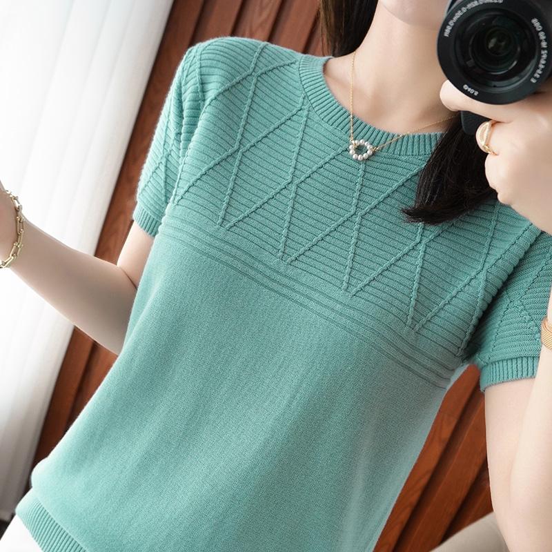 

Женская футболка, летняя новинка, хлопковый вязаный свободный топ с круглым вырезом и коротким рукавом, повседневный модный пуловер, жилет, свитер XXL зелёный