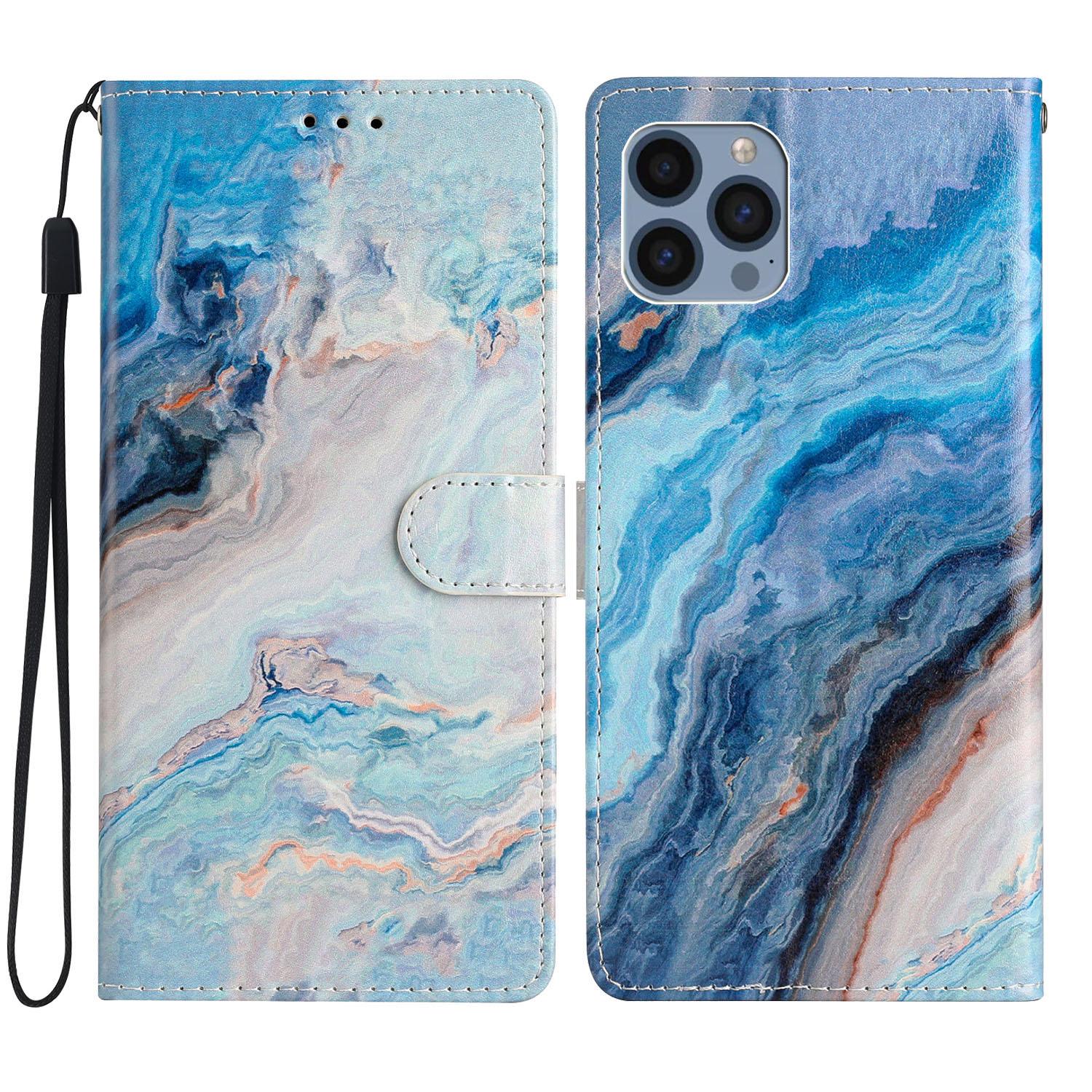 

For iPhone 15 Pro Max Pattern Printing Flip Phone Case PU Leather Wallet Stand Cover with Strap Blue Marble