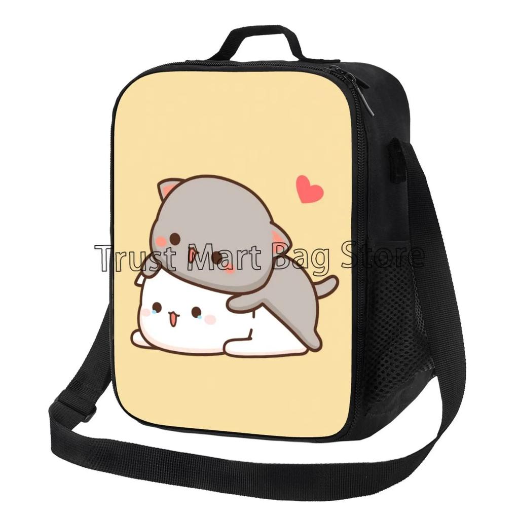 Cartoon Peach and Goma Mochi Cat Insulated Lunch Bag Resuable Leakproof Cooler Thermal Bento Bag with Adjustable Shoulder Strap