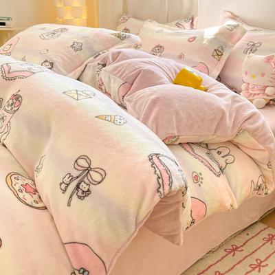 Juego de Cuatro Piezas de Leche Espesa Coral Fleece Corazón de Niña Sábana Coral Fleece Funda de Edredón Ropa de Cama Funda de Edredón Fleece