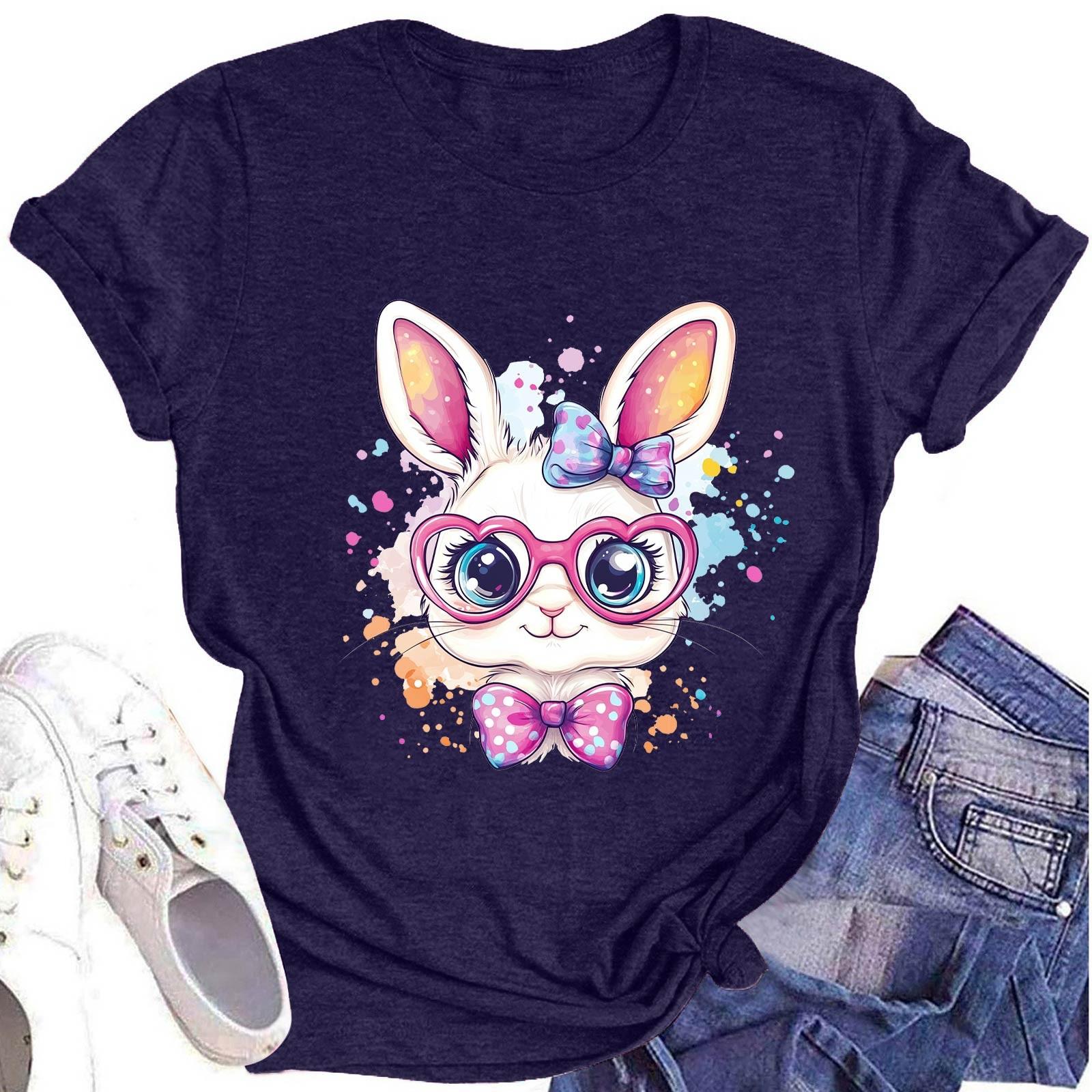 

Women s Fashion Round Neck Short Sleeve T-Shirt Easter Printed Casual Top S Темно-синій