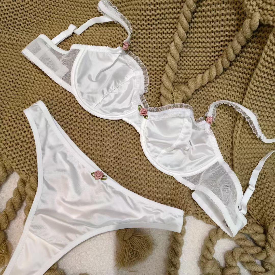 

4 Color Fashion Women Lingerie Set Sexy Lace Ultra Thin Comfort Bra French Silk Satin Underwear Bralette Ladies Bras and Thongs XL білий