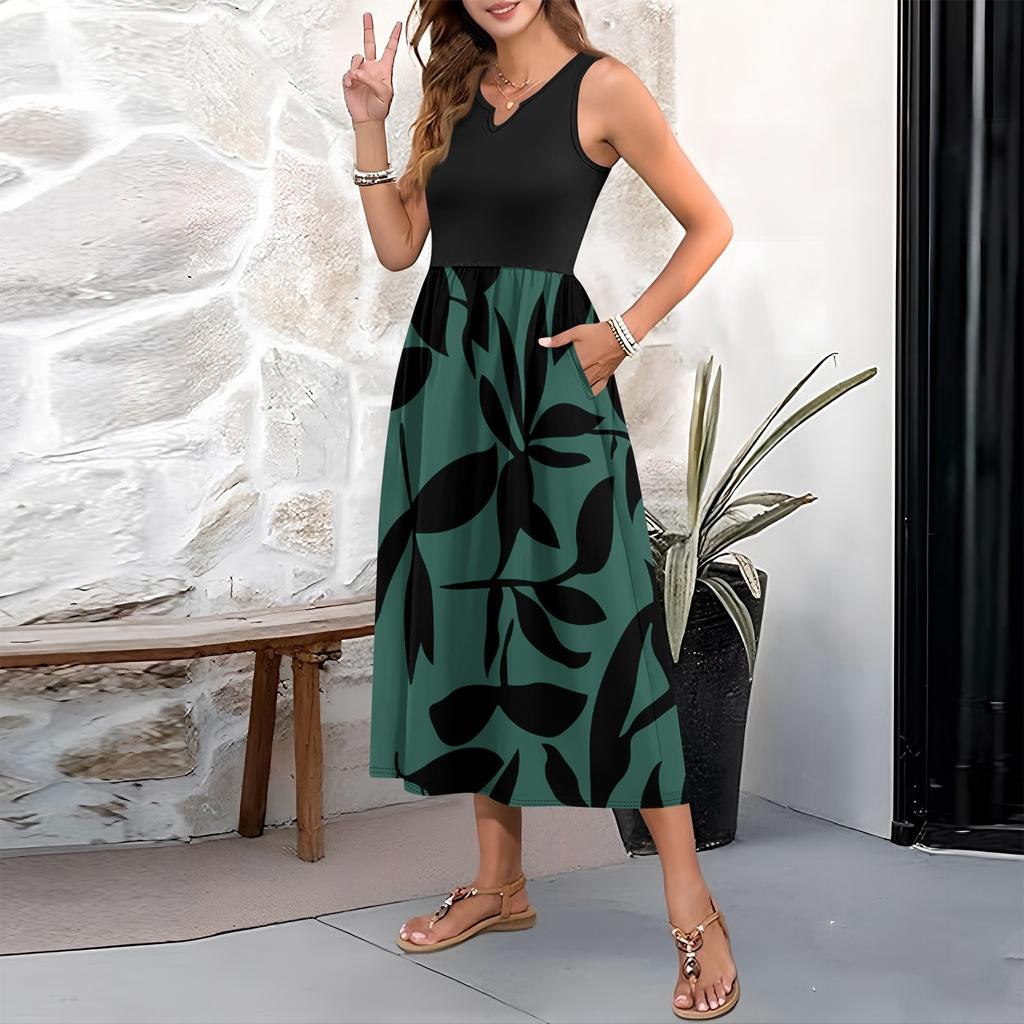 Women's Floral Print High Waist Fashionable And Elegant Sleeveless Dress