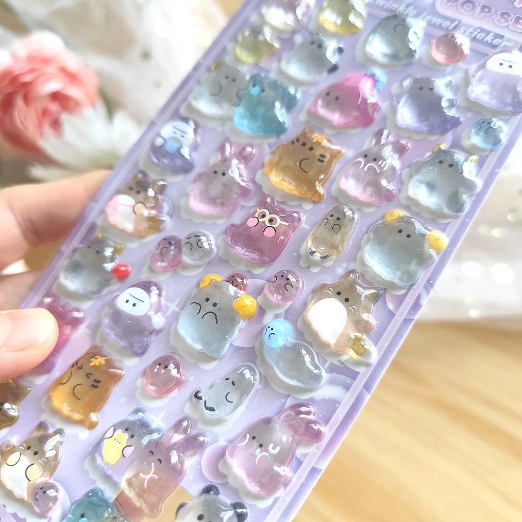 3D Ghost Family Embossed Crystal Stickers - Cute Cartoon Kids Handicraft Reward Decals for Phone Album & DIY Crafts