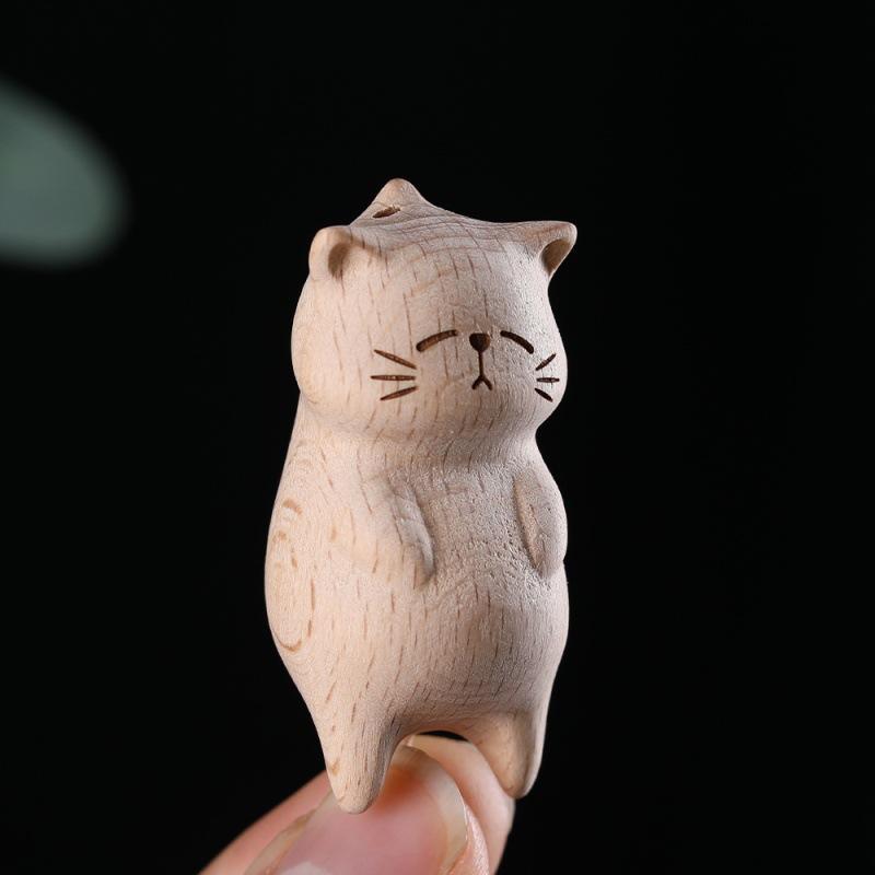 Retro Wooden Cat Keychain Hand Carved Cute Kitty Bag Pendant Decor Car Keyring For Women Couple Jewelry Accessories Gift