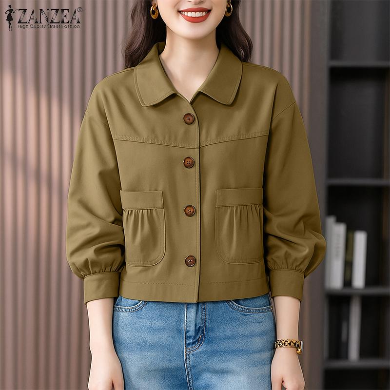 ZANZEA Women Casual Turn Down Collar Solid Color Long Sleeve Blouse