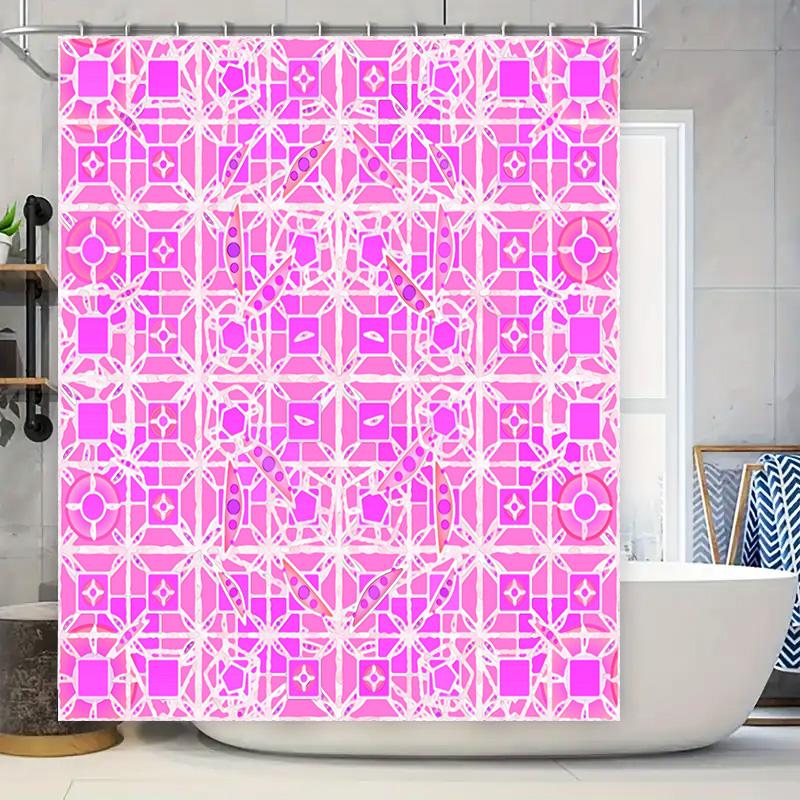 

Pink Geometric Shower Curtain With White Border Modern Bath Decor For Home Bathroom Pink Purple 3D Pattern Polyester Fabric Wate W60H190(CM)-1 Pcs