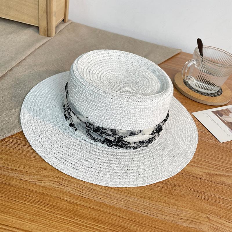 Flat Top Straw Hat Female Summer Travel Seaside Beach Hat National Tide Wind Breathable Anti-ultraviolet Sunshade Bucket Hat