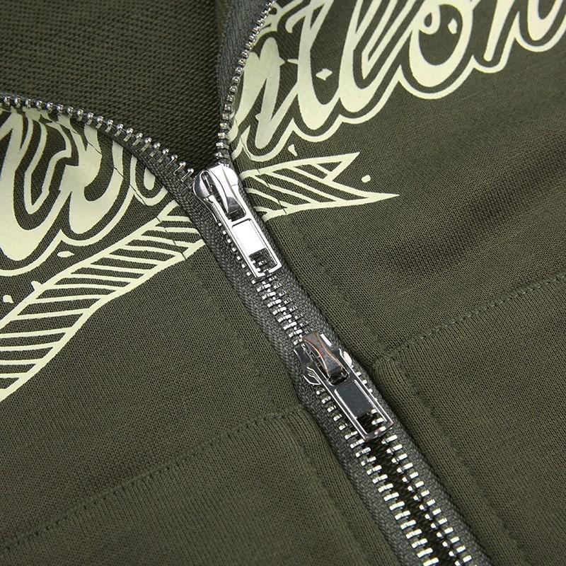 Roupa de Rua Estampa de Letra Estrela Feminina Punk Vintage Verde Zíper Y2K Moletom Curto de Manga Comprida