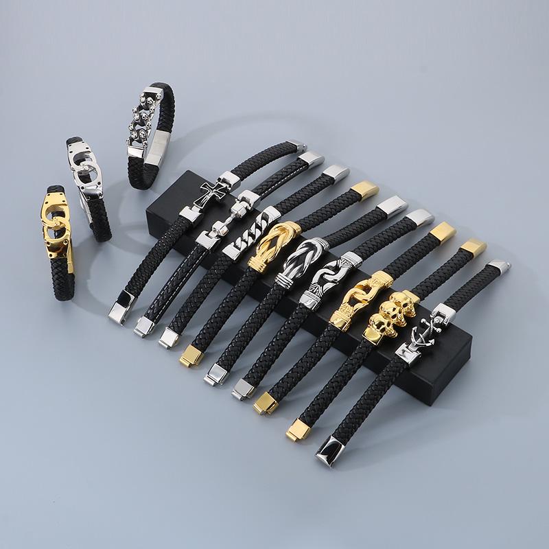 Bracciale Classico in Acciaio Inossidabile e Pelle di Mucca per Uomo Fascino Teschio Guanti Manette Nodo Bracciale con Charms Acciaio Inossidabile Gioielli per Festa Biker