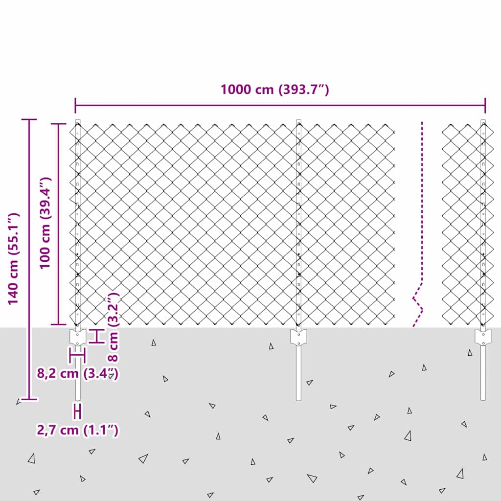 Chain Link Fence with Posts 10 x 1 m (W x H) Hot Dip Galvanized Steel