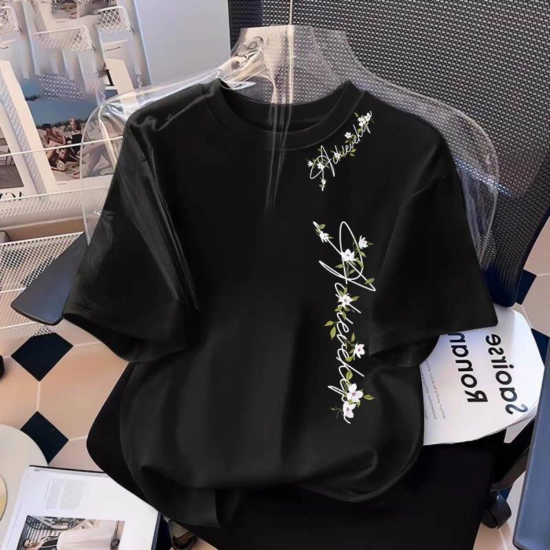 Letter Flower Pure Cotton Printed Men's and Women's Fashionable Short Sleeved Summer New Personalized Round Neck Casual T-shirt