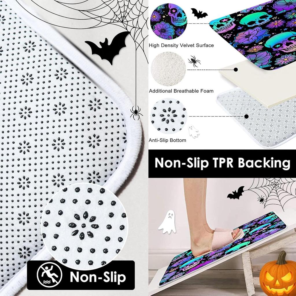 Halloween Skull Flower Shower Curtain Sets With Rugs Purple Neon Funny Horror Bathroom Set With Non-Slip Rug,Toilet Lid Cover,