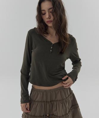 Mora Button Henley Hoodie - Khaki