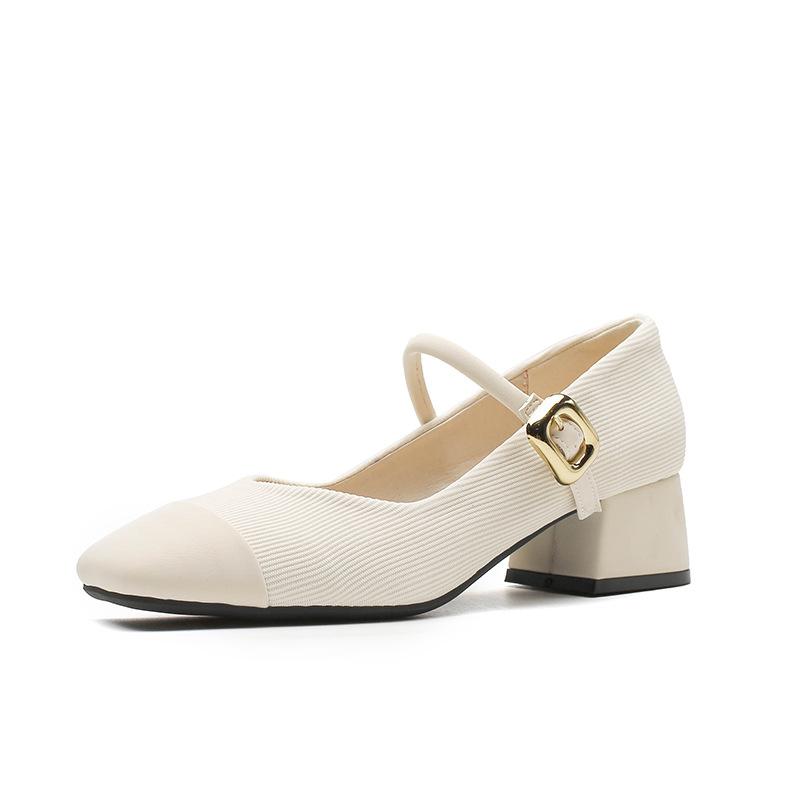 Mary Jane shoes spring and summer new square head evening breeze single shoes women's medium thick heel one-word buckle with shallow mouth wedding