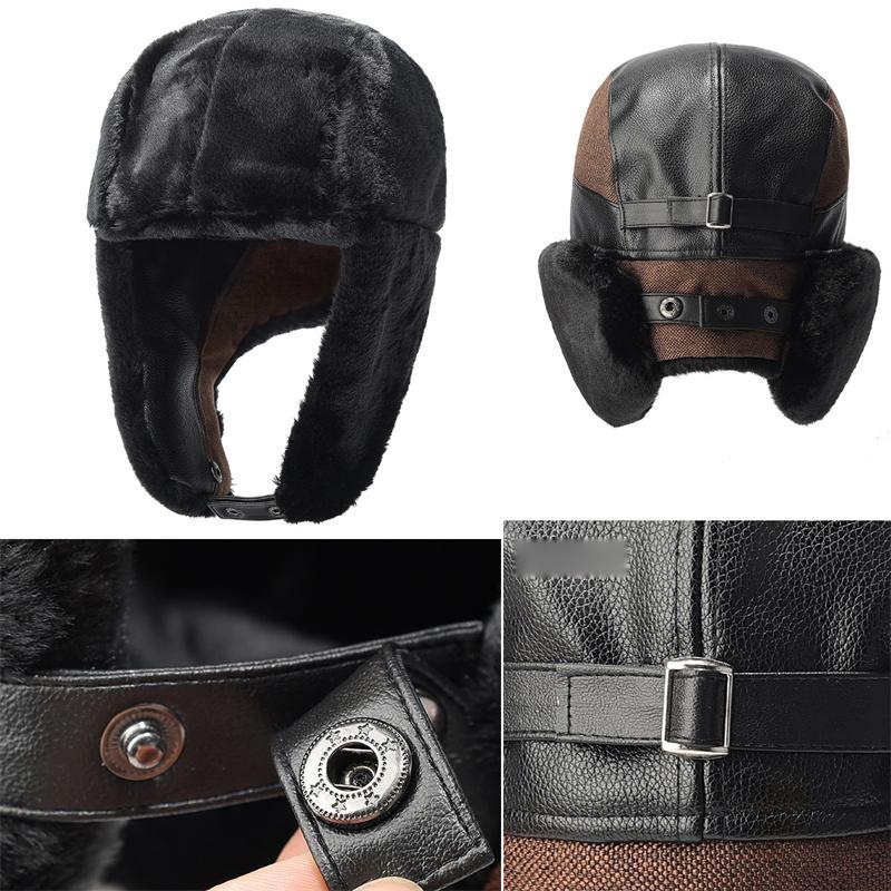 Vinter PU Bomberhatt Herr Utomhus Vindtät Köldtålig Skidhatt Öronskydd Tjock Fleece Varm Hatt