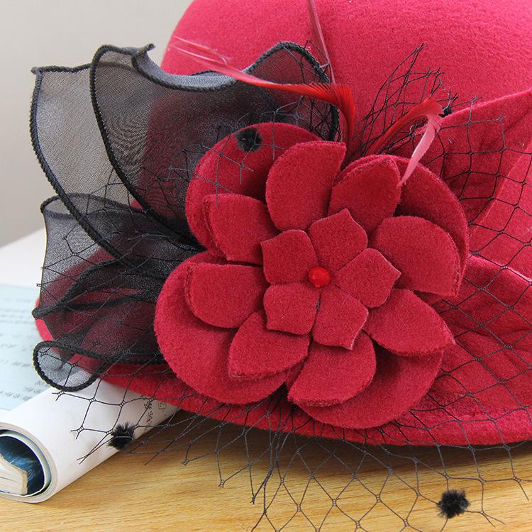 Ny höst- och vintertermomössa Dam Brittisk Retro Ullhatt Elegant Nät Blomma Cylinderhatt
